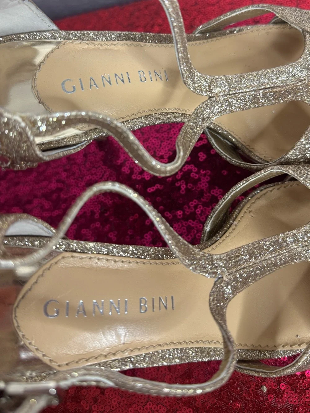 GIANNI BINI 🌟 Glitter Gold Jeweled Strappy Stiletto 4” Heels (Women’s 6)